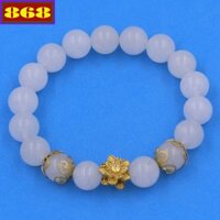 Vòng chuỗi đeo tay đá mắt mèo trắng 10 ly charm hoa sen inox, vòng tay hạt chuỗi