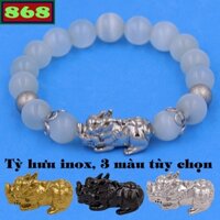 Vòng chuỗi đeo tay đá mắt mèo trắng charm tỳ hưu inox, bi inox, khía bông inox, từ hạt 6 ly đến 12 ly