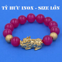 Vòng chuỗi đeo tay đá thạch anh hồng 14 ly  size lớn  charm tỳ hưu và bi inox vàng, vòng tay chuỗi hạt