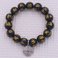 Vòng chuỗi đeo tay đá thạch anh đen khắc lục tự chân ngôn mạ vàng charm bát quái inox, vòng tay hạt chuỗi, vòng chuỗi phong thủy, vòng tay nam nữ