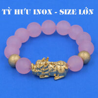 Vòng chuỗi đeo tay đá thạch anh hồng phấn mờ 14 ly  size lớn  charm tỳ hưu và bi inox vàng, vòng tay chuỗi hạt