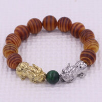 Vòng chuỗi đeo tay gỗ huyết rồng  huyết long  12 ly charm tỳ hưu đôi inox trắng và vàng, vòng chuỗi phong thủy, charm tỳ hưu, vòng tay hạt chuỗi