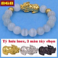 Vòng chuỗi phong thủy đá trắng 10 ly charm Tỳ Hưu inox, vòng tay chuỗi hạt