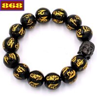 Vòng chuỗi tay đá đen khắc Phật chú charm Phật Như lai inox