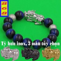 Vòng chuỗi tay đá mắt hổ xanh Đen 14 ly 2 bi charm Tỳ Hưu inox - Hợp mệnh Thủy, mệnh Mộc - size lớn