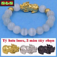 Vòng chuỗi tay đá mắt mèo trắng charm tỳ hưu inox 2 bi