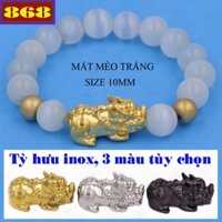 Vòng chuỗi tay Đá mắt mèo Trắng 10 ly kèm 2 bi charm Tỳ Hưu inox, vòng tay chuỗi hạt