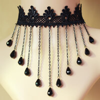 Vòng cổ choker ren vải chuỗi hạt mưa châu đen