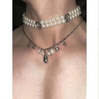 Vòng cổ chữ thập ngọc trai xếp chồng lên nhau Giọt nước bằng thép titan