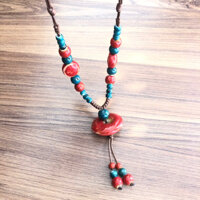 Vòng cổ, dây chuyền dáng dài, gốm sứ,  phong cách digan, vintage , nhiều màu, dây nâu có nút điều chỉnh kích cỡ