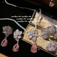 Vòng cổ giọt nước Camellia mạ vàng 18K Bông tai Zircon hồng hồng