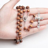 Vòng Cổ Hạt Mân Côi Bằng Gỗ 8MM Cho Nam Nữ Mặt Dây Chuyền Hình Thánh Giá Chúa Jesus Christ Trên INRI Công Giáo Chuỗi Dài Trang Sức Tôn Giáo