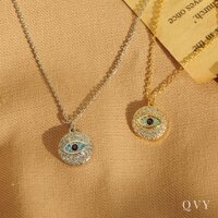Vòng cổ huy chương mắt ác quỷ QVY Mặt dây chuyền tiền xu mạ vàng 14K Quà tặng bảo vệ Nazar [EEN-C]