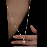 Vòng cổ mặt dây chuyền ngọc trai cao cấp khóa chữ T sang trọng mẫu mới thiết kế thích hợp cho nữ phong cách lạnh