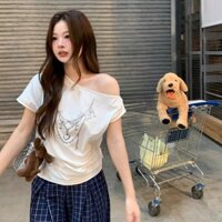 Vòng cổ nữ mùa hè in hình lệch vai đa năng thoáng khí Slim Fit Áo sơ mi ngắn tay