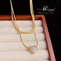 Vòng Cổ Xương Rắn Dẹt 2 Tầng Mặt Trái Tim Dây Chuyền 2 Lớp Hình Tim Đính Đá Set Vòng Cổ Nữ Đơn Giản Cá Tính - N63