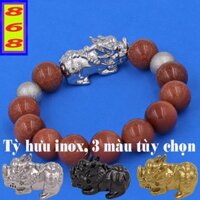 Vòng đeo tay đá Kim Sa 14 ly 2 bi Charm Tỳ Hưu inox - Hợp mệnh Kim, mệnh Thổ - Vòng size lớn