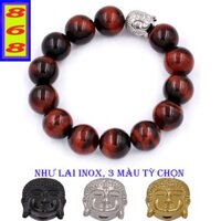 Vòng đeo tay đá mắt hổ đỏ đen 14 ly ( size XL) Charm đầu Phật Như lai inox - Hợp mệnh Hỏa, mệnh Thổ