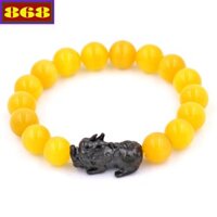 Vòng đeo tay phong thủy đá mắt mèo vàng 10 ly charm tỳ hưu inox đen