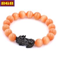 Vòng đeo tay phong thủy đá mắt mèo cam 10 ly charm tỳ hưu inox đen