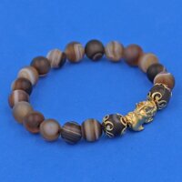 Vòng đeo tay Tỳ hưu inox vàng - Chuỗi mã não nâu sọc mờ 8 ly VMNNSMTHHKV8