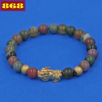 Vòng đeo tay Tỳ hưu inox vàng - Chuỗi mã não các màu 6 ly Size S charm tỳ hưu inox