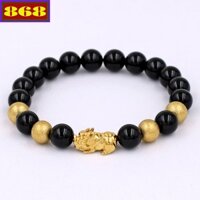 Vòng đeo tay Tỳ hưu inox vàng - Chuỗi đeo tay đá đen 8 ly charm tỳ hưu