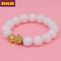 Vòng đeo tay Tỳ hưu inox vàng - Chuỗi đeo tay đá mắt mèo trắng 12 ly charm tỳ hưu