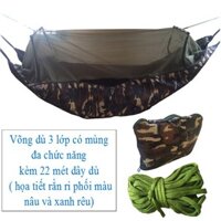 Võng dù có mùng du lịch 3 lớp đa năng cỡ lớn 2m2 x 1m2 và thêm 21 mét dây dù ( họa tiết rằn ri )