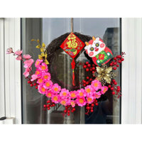 Vòng nguyệt quế hoa đào - hoa mai điểm cành đào đông đỏ treo cửa bao lì xì may mắn phụ kiện decor trang trí tết Y ẢNH