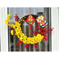 Vòng nguyệt quế hoa mai - hoa đào điểm cành đào đông đỏ treo cửa bao lì xì may mắn phụ kiện decor trang trí tết