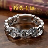 Vòng Tay Bạc Độc Đoán Da Báo Đuôi Ngựa Bện Đôi Da Báo Đầu Vòng Tay Nam Nữ Retro Handmade Vòng Tay Dây Chuyền