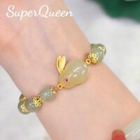 Vòng Tay Cặp Đôi Thỏ Ngọc Hetian May Mắn Bằng Vàng 14K Vòng Tay Charm Mặt Dây Chuyền Thần Tài Mã Não Màu Xanh Lá Cây Vòng Tay Có Thể Điều Chỉnh Dây Bện Màu Đỏ Quà Tặng Năm Mới Cung Hoàng Đạo Trung Quốc Phong Cách Cổ Đại Trung Quốc