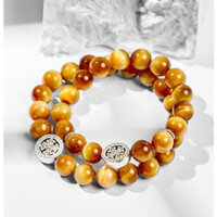 Vòng tay cặp đôi tình nhân nam nữ đá mắt hổ vàng charm bánh xe pháp luân kết nối tình yêu phong thủy Udumbara