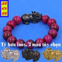 Vòng tay chuỗi hạt đá mắt hổ hồng 14 ly ( size XL ) charm Tỳ Hưu inox - Vòng size lớn