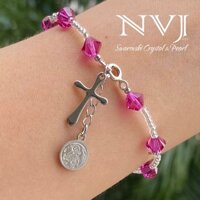 Vòng tay chuỗi mân côi Pha lê Áo Swarovski nhỏ xinh 6ly có thánh giá + dây tăng đơ tăng chiều dài gắn hình đức mẹ