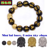 Vòng tay đá đen khắc lục tự kim ngôn charm Phật A di đà inox và 2 bi