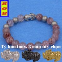 Vòng tay đá Lưu Ly Dâu Tây 8 ly 4 vi Charm Tỳ Hưu inox - Hợp mệnh Hỏa, mệnh Thổ - Vòng size nhỏ