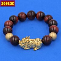 Vòng tay đá mắt hổ đỏ đen 14 ly ( size XL ) charm Tỳ Hưu inox, vòng tay chuỗi hạt