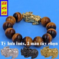 Vòng tay đá mắt hổ vàng đen ( size XL) charm tỳ hưu inox 16 ly - Vòng size lớn