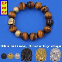 Vòng tay đá mắt hổ vàng đen 14 ly size lớn Phật A Di Đà inox  2 bi - Hợp mệnh Thổ, mệnh Kim
