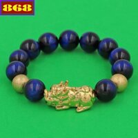 Vòng tay đá mắt hổ xanh đen 14 ly ( size XL ) charm Tỳ Hưu inox, vòng tay chuỗi hạt