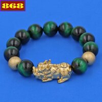Vòng tay đá mắt hổ xanh lá 14 ly ( size XL ) charm Tỳ Hưu inox, vòng tay chuỗi hạt
