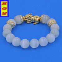 Vòng tay đá mắt mèo Trắng 12 ly - cẩn Tỳ Hưu Phong Thủy Chiêu Tài Lộc inox vàng