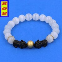 Vòng Tay đá mắt mèo trắng 8 Ly charm Tỳ Hưu Đôi Inox - Vòng Size Nhỏ - Phong thủy 868