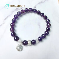 Vòng tay đá Thạch Anh Tím Amethyst size 8 li phối charm bi bạc khắc chữ Phúc, móc hoa hồng