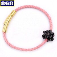 Vòng tay dây da hồng 3 ly hoa sen đen VDDVHBHSE14