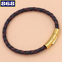 Vòng tay dây da nâu đen móc vàng