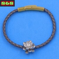 Vòng tay dây da xám 3 ly charm bông sen inox, vòng dây da đeo tay, vòng dây da nam và nữ