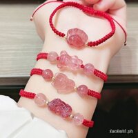 Vòng tay dây đan màu đỏ mặt thạch anh dâu tây hình bàn chân gấu/cáo/tỳ hưu phong cách Hàn Quốc thời trang cho cặp đôi